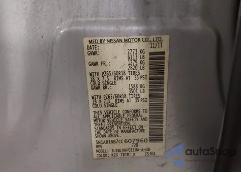 2012 Nissan Pathfinder Le from USA, damaged, VIN 5N1AR1NB7CC607960